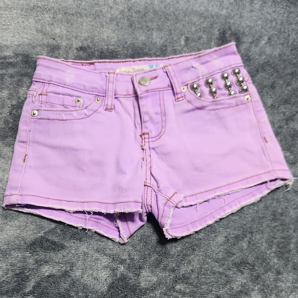 Vintage Havana Purple Jean Shorts with Frayed Hem and Metallic Accents